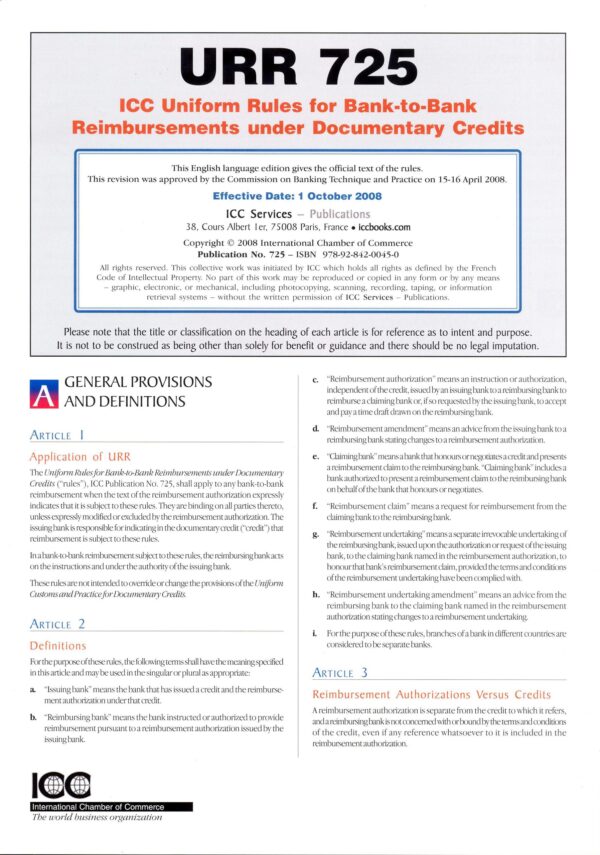 URR 725 ICC uniform Rules for Bank-to-Bank Reimbursements under Documentary Credits