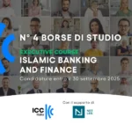 Annuncio ICC Italia di 4 borse di studio per l’Executive Course “Islamic Banking and Finance”, candidature aperte fino al 30 settembre 2025. Sullo sfondo un mosaico di volti di persone in videocall.