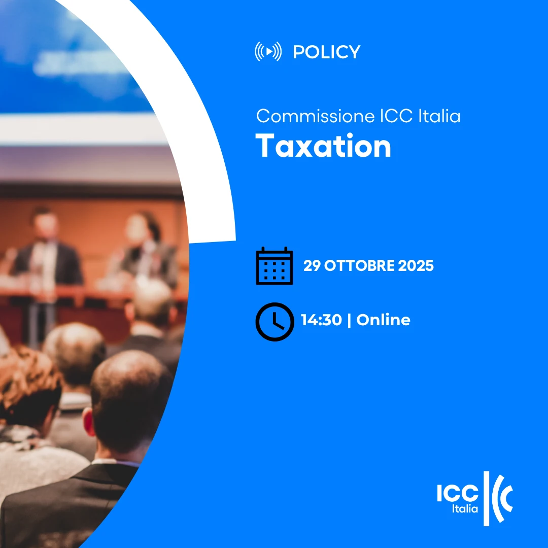 Copertina della Riunione della Commissione Taxation di ICC Italia. Immagine con titolo orario e foto di persone sedute ad un convegno.