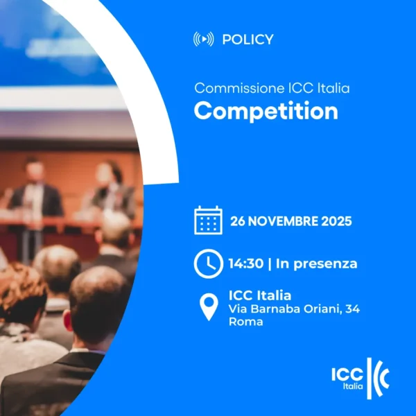 Copertina della Riunione della Commissione Competition di ICC Italia. Immagine con titolo orario e foto di persone sedute ad un convegno.