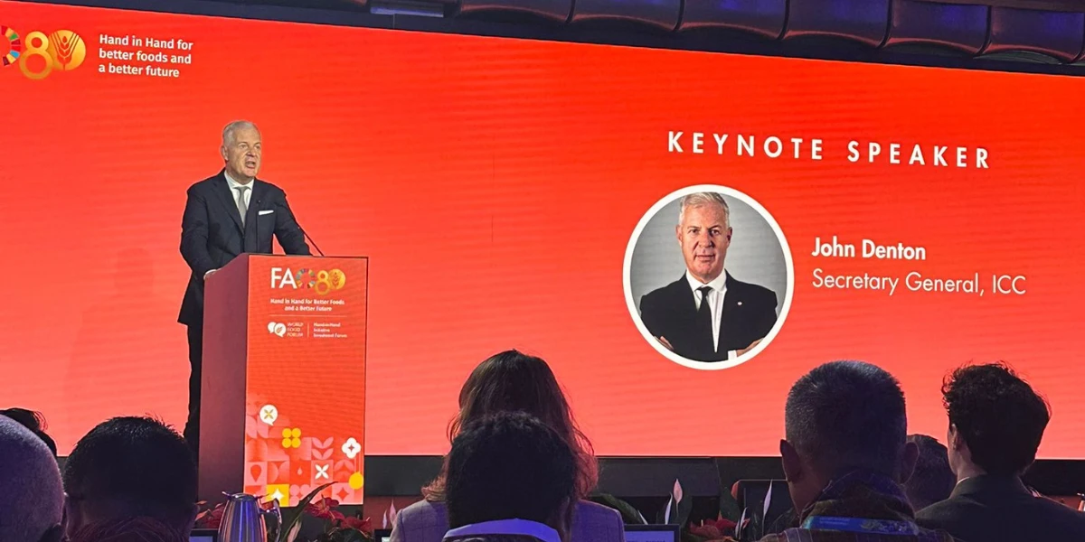 Segretario Generale di ICC John W.H. Denton AO, Keynote speaker all’Hand-in-Hand Initiative Investment Forum presso la FAO a Roma, il 14 ottobre 2025.