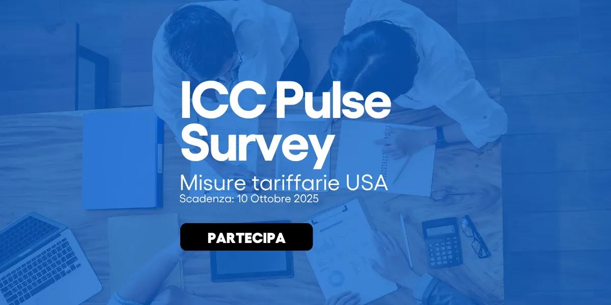 Cover articolo ICC Survey sulle misure tariffarie USA con scadenza 10 ottobre 2025, raffigurante persone al lavoro attorno a un tavolo con documenti e laptop.