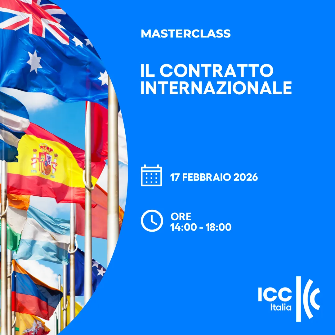 Copertina della Masterclass ICC Italia "Il contratto internazionale". Con data e orario del corso.