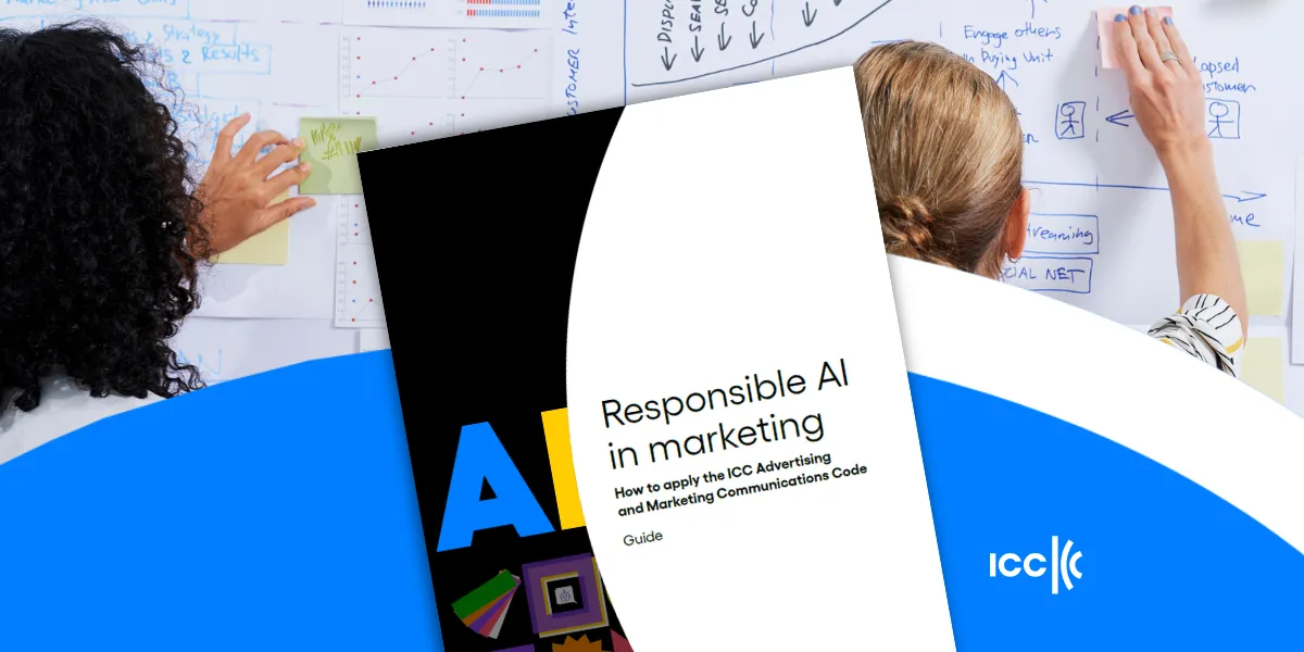 Immagine della guida ICC “Responsible AI in Marketing”, dedicata all’applicazione del Codice ICC nelle pratiche di marketing con intelligenza artificiale. La copertina della guida è in primo piano, con sfondo composto da grafici e diagrammi relativi ad attività di marketing data‑driven. In basso a destra è visibile il logo ICC.
