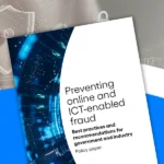 Copertina del policy paper ICC “Preventing online and ICT-enabled fraud”, dedicato alle migliori pratiche per prevenire le frodi online e informatiche. L’immagine mostra elementi grafici digitali e simboli di sicurezza informatica con il logo ICC su sfondo blu.