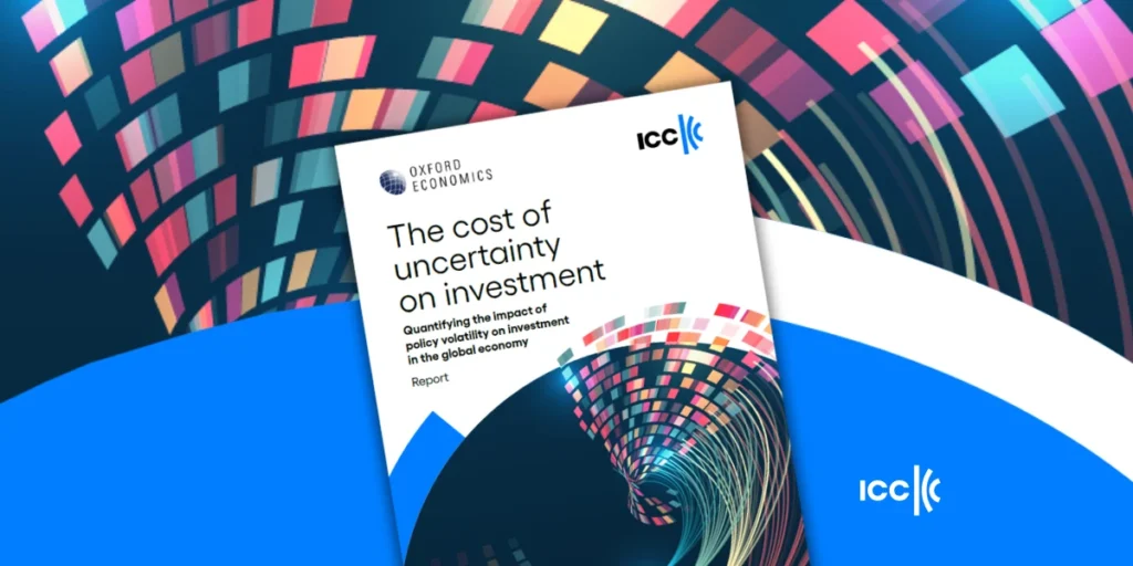 report ICC e Oxford Economics sull’incertezza economica globale e impatto sugli investimenti con grafica astratta dinamica